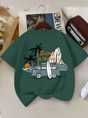 تي شيرت طاقم عنق للأولاد المراهقين بطباعة الشاطئ من القطن اللين لفصلي الربيع والصيف، تيشرتات كاجوال