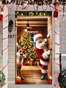 2D Santa Claus And Reindeer Holiday Door Banner, 1pc - Durable Polyester, 70.8x35.4 Inches, Ideal For Home Entrances And Outdoor Christmas Decor