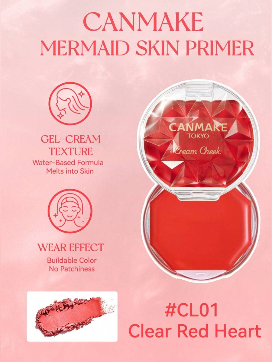 Rubor en crema Canmake #(CL01 Corazón Rojo Claro) de larga duración, sin decoloración, altamente pigmentado, ligero, de larga duración, suave, rosa, marrón, regalo de Navidad, invierno, graduación, cumpleaños, vacaciones, verano, otoño, Y2K, moda, maquillaje, cosmética, fiesta, playa, viaje, campamento, al aire libre, escuela, campus, festivales, decoración, regalo, presente, cosplay, mejor color, encanto, vibra - CL01 Corazón rojo transparente - Ver 1