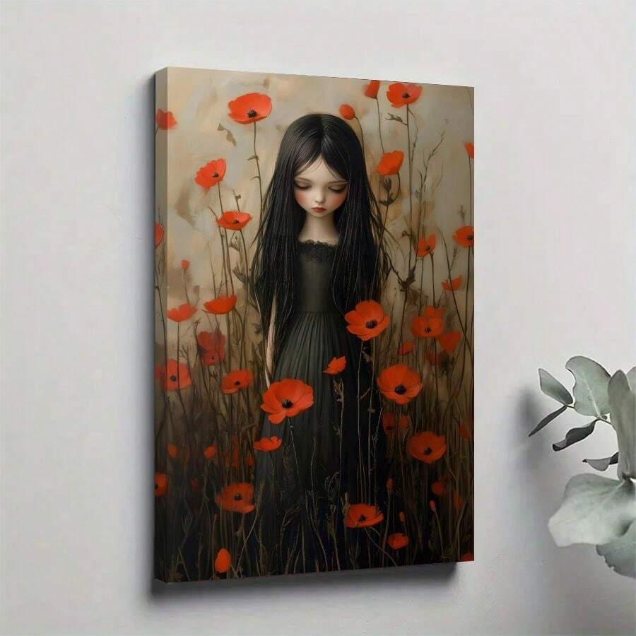 1pc Framed Canvas Poster, Black-Haired Girl, Red Poppy, Surrealism Style Wall Art Canvas Paintings, Ideal Gift For Bedroom Living Room Corridor, Wall Art, Wall Decor, Winter Decor, Room Decoration, 2D Flat Print, Not 3D - Multicolor - View 1