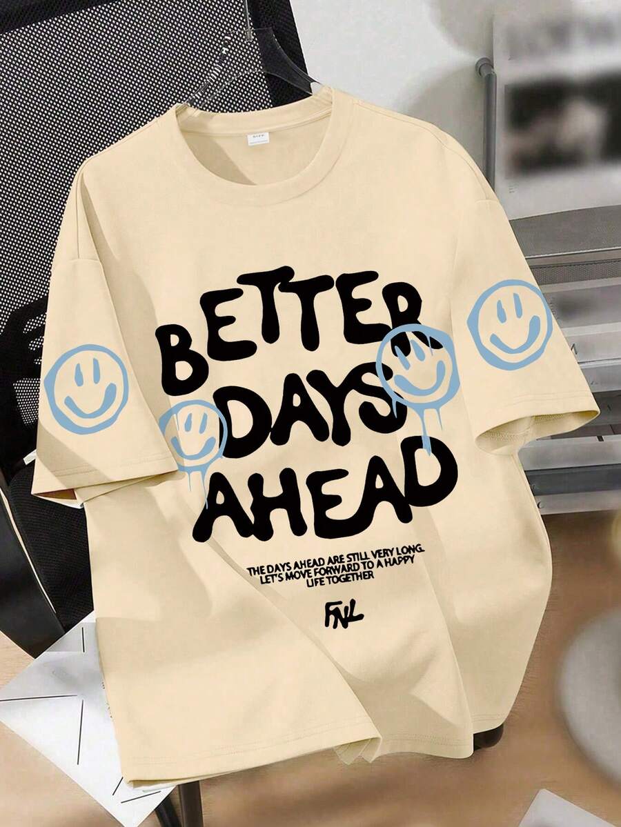1PC Teen Boy Inspirational Text Print Short Sleeve T - Shirt, Comfortable And Breathable, Summer Daily Casual Wear - Apricot - View 1