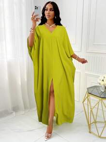 Women's Fashion V Neck Batwing Sleeve Split Thigh Dress