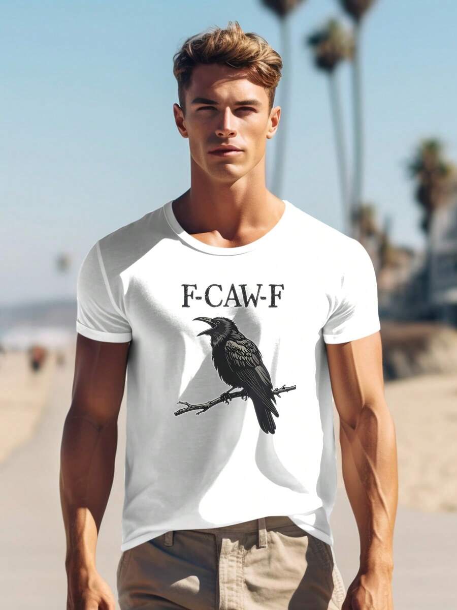 F-CAW-F Raven T-Shirt - 220g Cotton Tee, Dark Humor Crow Design, Gothic Style, Bird Lover Gift, Unisex Fit, Available In Multiple Colors, S-XXL Sizes, Unique Graphic Print, Casual Wear, Everyday Comfort 0001 - 白色 - 查看 1