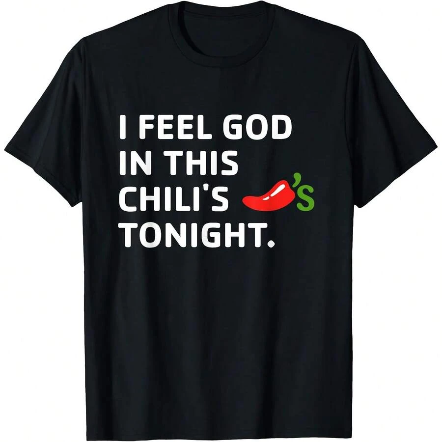 I Feel God In This Chili's Tonight. 100% Pure Cotton Round Neck Short Sleeve, Regular Fit Casual Style, With Eye-Catching Blue Spanish Print, All-Season Comfort, Suitable For Father's Day, Valentine's Day, Christmas Gifts. - Black - View 1