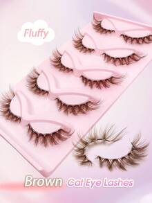 Rikuaild 5 Pairs Brown Cat Eye False Eyelashes, Transparent Band Fox Eye Fake Lashes, Brown Faux Mink Lashes, Fluffy Criss-Cross Eyelash Extensions, Natural Look Lashes, Eyelash Extension Makeup - 眼尾拉長款 - 查看 2