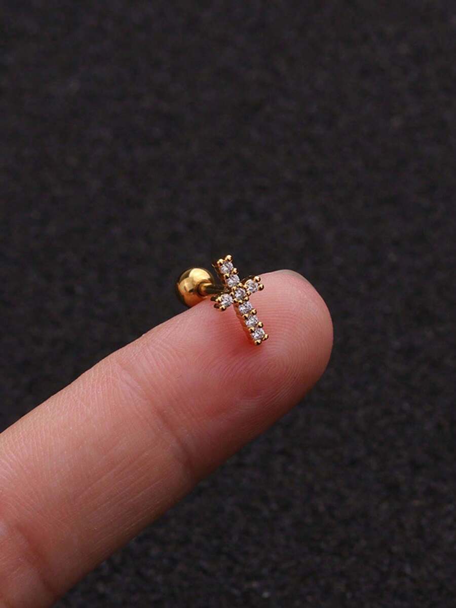 1 件立方氧化锆十字架耳钉，男女适用，14K 镀金杠铃可堆叠，适用于耳轮耳垂软骨耳屏穿孔首饰