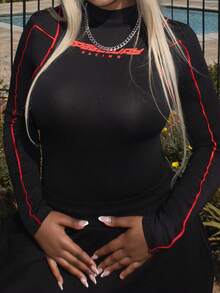 PeachySprinkles Women's Contrast Color Roll Neck Bodysuit Long Sleeve Slim Fit Black Casual Fashion Graphic Print Sexy Tight Sports Style Party Club Wear - Red - View 7