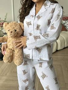 Nina Bonheur 2 件套女士宽松开衫纽扣熊印花长袖 + 松紧腰裤睡衣套装，可爱家居服 - 白色 - 查看 7
