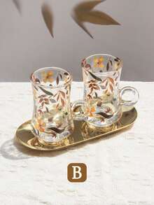 3件套茶杯碟套装，包含2个玻璃杯和1个不锈钢托盘，土耳其咖啡杯带花纹手柄，适用于盛装水、牛奶、红茶，可用于厨房、餐厅、派对、节日、宴会、招待客人、家庭餐具等场合。 - 彩色 - 查看 15