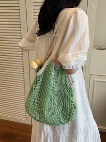 Spacious Rhombic Mesh Woven Shoulder Tote Bag, Women's Summer Versatile Hollow-Out Woven Beach Bag