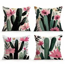 4pcs Cactus Printed Pillow Case Set - 45*45cm Peach Velvet Pillow Cover