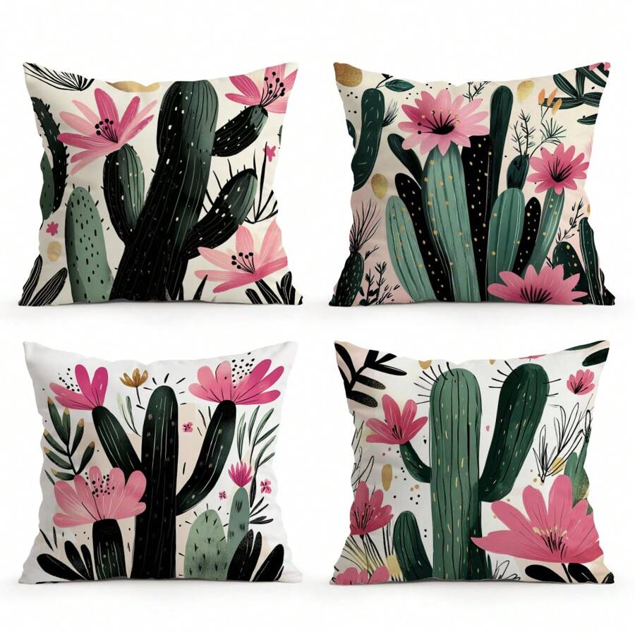 4pcs Cactus Printed Pillow Case Set - 45*45cm Peach Velvet Pillow Cover