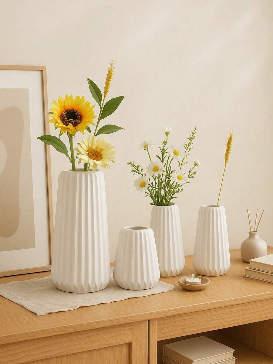 三种尺寸白色几何花瓶 - 现代陶瓷装饰，适合夏季客厅、置物架、乔迁或毕业礼物、简约插花，也适用于卧室和玄关家居装饰，玻璃花瓶 - 彩色 - 查看 1