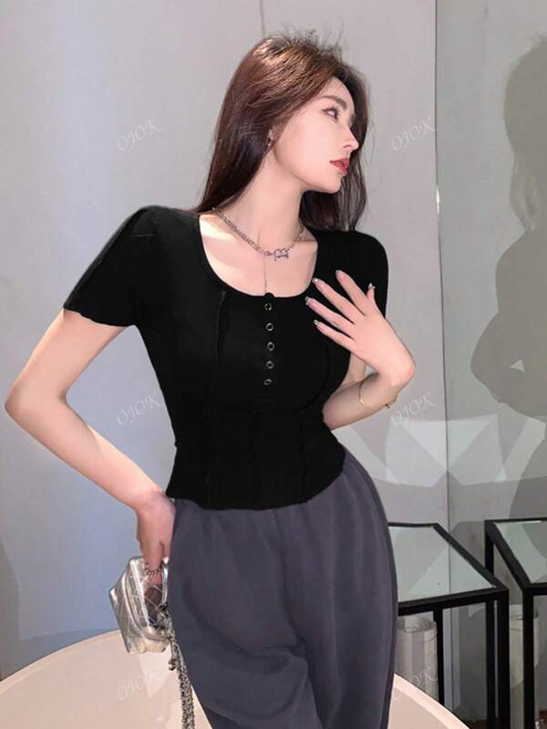 Solid Color Ribbed Knit Slim Fit Half-Button Short Sleeve T-Shirt