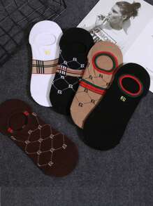 5 Pairs Women's Letter & Stripe Pattern French Luxury Vintage Style Versatile Invisible Liner Socks