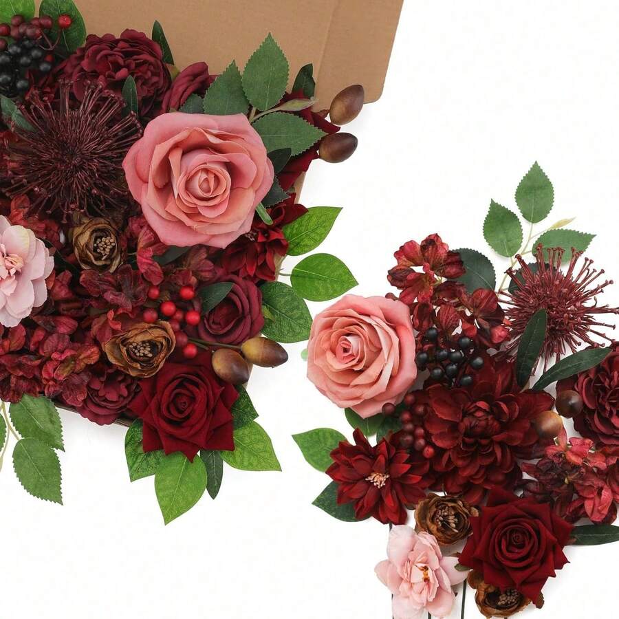 Artificial Flowers Combo, Champagne Silk Roses, Peonies, Dahlias With Stems For DIY Wedding Bouquets, Baby Shower, Table Centerpieces, Home Decor, Fake Floral Arrangements, Party Decorations - 紅色 - 查看 1