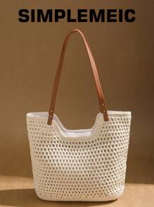 Women Minimalist Hollow Crochet Handbag, Summer Beach Shoulder Tote Bag For Women Vacation Outfit, Beach Essential