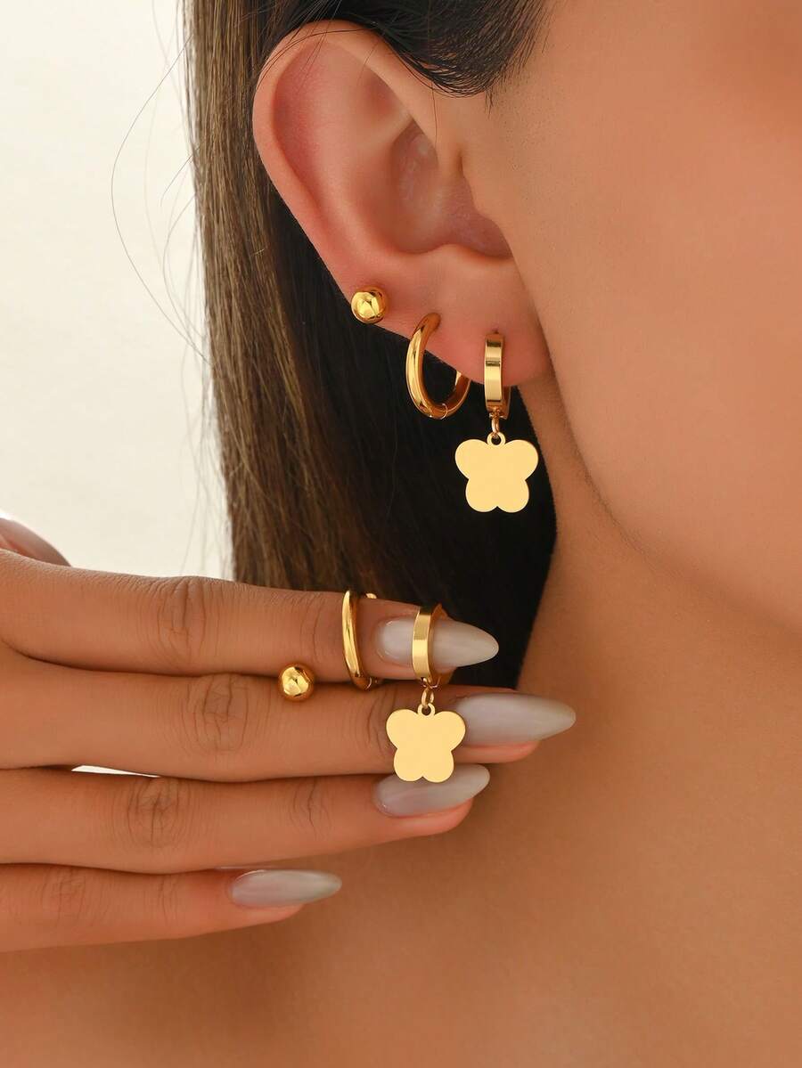 6 件套简约风格不锈钢蝴蝶设计耳环，时尚百搭，适合日常佩戴