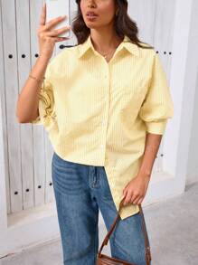 DEEKA Nouvelle chemise en soie ample et décontractée à manches longues pour femmes au printemps et en automne, grande taille, jaune beurre d'été