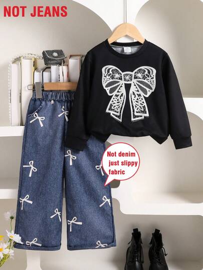 2pcs/Set New Girls Casual Long Sleeve Outfit, Bowknot Print Round Neck T-Shirt Sweatshirt Top And Butterfly Denim Print Pants Set, Fashionable Black Sportswear, Sweet & Lovely, Suitable For Outdoor, Party, Daily Casual Wear
