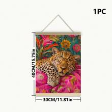 1pc, Canvas Hanging Picture, Framed, Vibrant Lion And Leopard Canvas Poster, Modern Art Wall Decor With Floral And Animal Patterns For Living Room, Bedroom, Bathroom, Home Office - Stylish Interior Home Decor, Room Decor