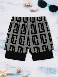 Men's Double Layer Printed Casual Sports Beach Shorts - Grey - View 3