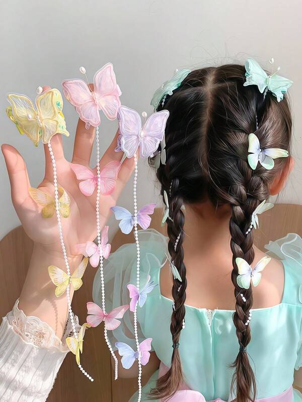 2 presilhas de cabelo vintage com borlas de pérolas artificiais e borboletas feitas à mão para meninas - Acessórios de cabelo inspirados em fadas em tons pastel com corrente de pérolas artificiais, presilhas leves de princesa para festas, casamentos, eventos escolares, presilhas de cabelo para festas | Decoração de cabelo fofa | Prendedores de cabelo vintage, acessórios de cabelo para meninas