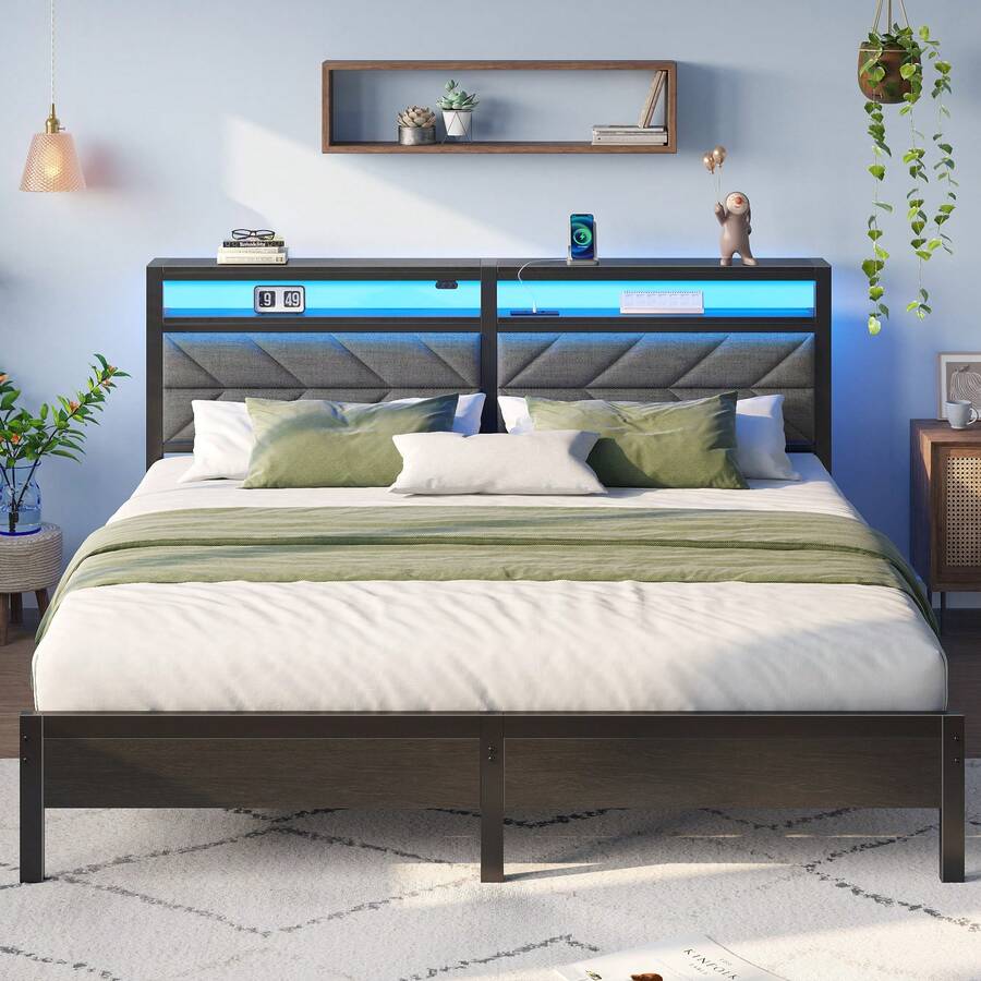 GREENSTELL Bed Frame With Charging Station, LED Bed With Upholstered Storage Headboard, Metal Platform Bed With Under Bed Storage, No Box Spring Needed, Noise Free, Easy Assembly - 灰色 - 查看 1
