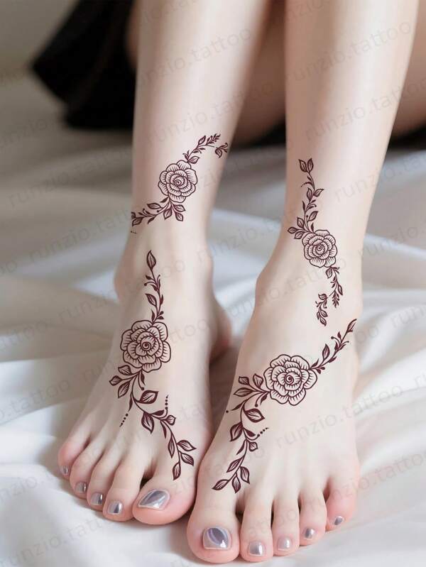 9 Sheets Red Mehndi Henna Tattoo Sticker Waterproof Hand & Body Lace Flora Temporary Tattoo For Women Wedding Party