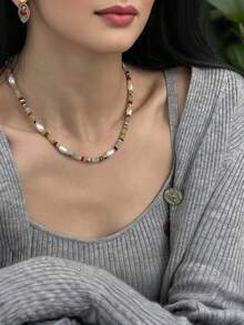 1pc Summer Vintage Fashion Boho Jewelry Colorful Natural Crystal Stone Beaded Necklace For Women