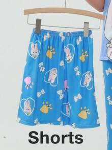3 Pzs Conjunto de Pijama de Niña, Pijamas Verano para Niña con Estampado de Dibujos Animados,Camiseta de Manga Corta en Bloques de Color, Pantalones Informales y Shorts - Celeste - Ver 6