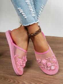 Dép đi biển đế bằng họa tiết hoa và hạt thủ công cổ điển dành cho nữ, lưới thoáng khí, đế EVA, nhẹ và mềm mại, dép đi trong nhà phong cách Bohemian thời trang, giày đế xuồng màu hồng - Hồng - Xem 5