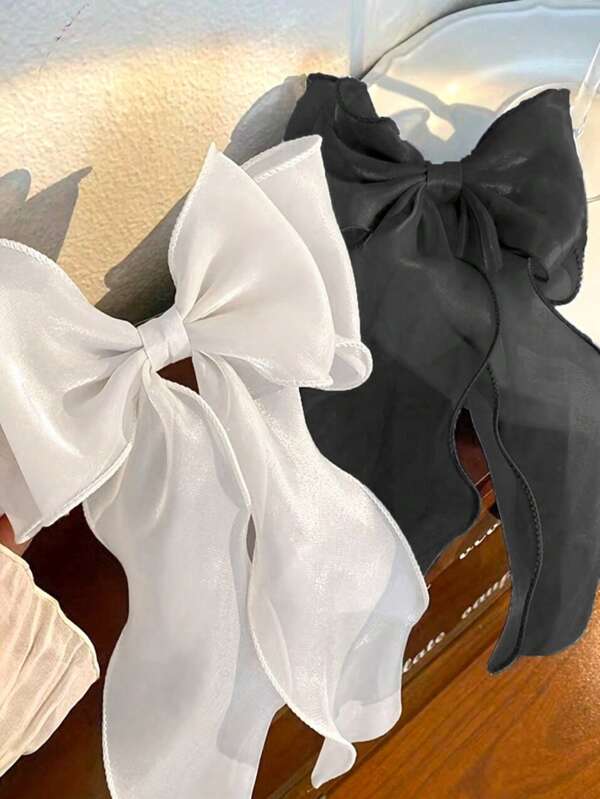 1/2pcs Elegant Organza Solid Bow Streamers Hair Clip, Ponytail Holder For Daily, Party, Halloween, Back To School Claw Clips Hair Claws Hair Barrettes ,Hair Accessory