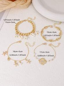 Bộ 4 chiếc/Bộ trang trí vòng tay nhiều lớp họa tiết vỏ sò, sao biển và ngọc trai giả Bohemian, phù hợp cho trang phục đi biển của phụ nữ, phụ kiện mùa hè - Vàng - Xem 5
