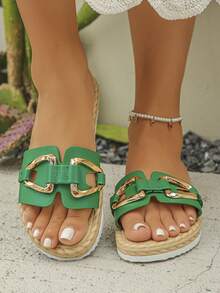 Giày sandal đế bằng vải lanh giả khóa kim loại màu xanh lá cây mùa hè mới Cross Border size 35-45, thời trang đa năng, trang phục thường ngày, đi biển, thoải mái - màu xanh lá - Xem 3