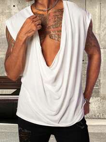 Men Leisure Workout Tank Top Sleeveless Draped Neck Bodybuilding Gym Athletic Vest Summer Tops - White - View 2