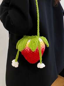 Handmade Crochet Strawberry Handbag, Small Unique Design Hollow Knitting Cross-Body Yarn Bag, Cute And Sweet Key Coin Purse