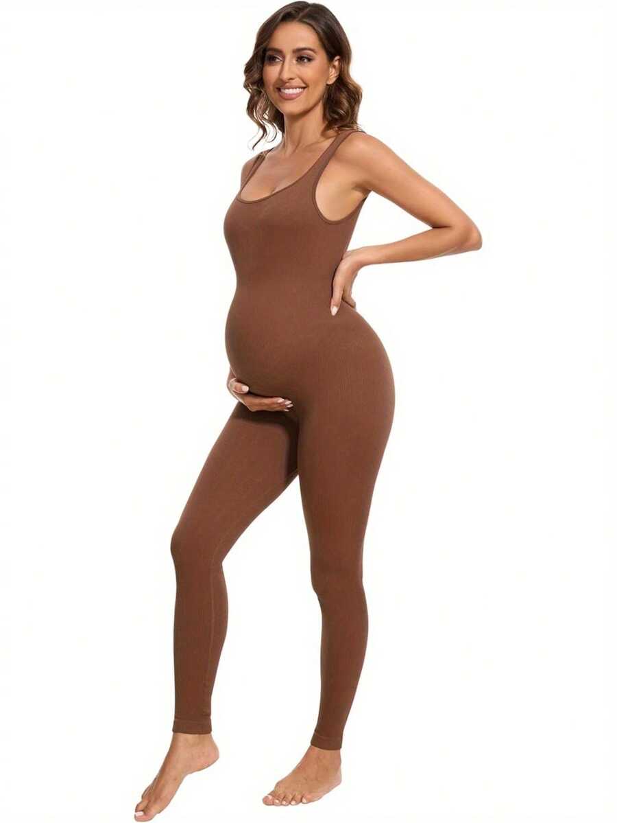 Soft Vintage Maternity Bodysuit - Short Sleeve Square Neck Romper Jumpsuit, High Stretch Pregnancy Shapewear, Photo Shoot Nursing Clothes, Casual Wear & Maternity Photoshoot Outfit For Women - 咖啡棕 - 查看 1