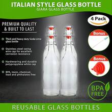 Flip Top Glass Bottle [1 Liter / 33 Fl. Oz.] [Pack Of 4] – Swing Brewing Bottle With Stopper For Beverages, Oil, Vinegar, Kombucha, Water, Soda, Kefir – Airtight Lid & Leak Proof Cap – Clear-Bxl - 4 - 查看 3