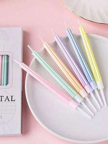 6 件珠光马卡龙色罗马柱菱形图案弧形生日蛋糕装饰蜡烛 - 彩色 - 查看 5