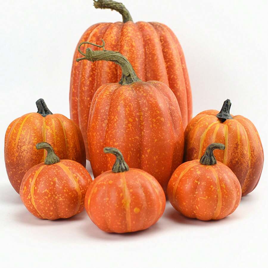 Juego de decoración de Halloween 7 piezas de calabazas artificiales de simulación, decoración de artesanía de cosecha de otoño para el hogar - Rojo - Ver 1