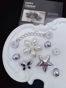 8pcs Silver Casual Fashion Shoe Charms (Pearl Flower, Big Star, Butterfly, Rhinestone Flower), Silver Chain DIY Decorative Accessories, Suitable For Women's Sandals, Slippers, Perforated Shoes, Sandals And Beach Bags - Perfect Gift For Holidays And Special Occasions