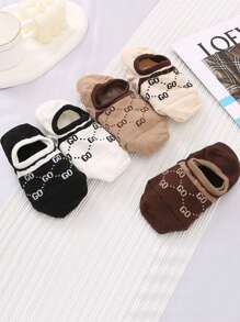 5 Pairs Women's Stripe & Letter Printed French Style Luxury Casual Boat Socks