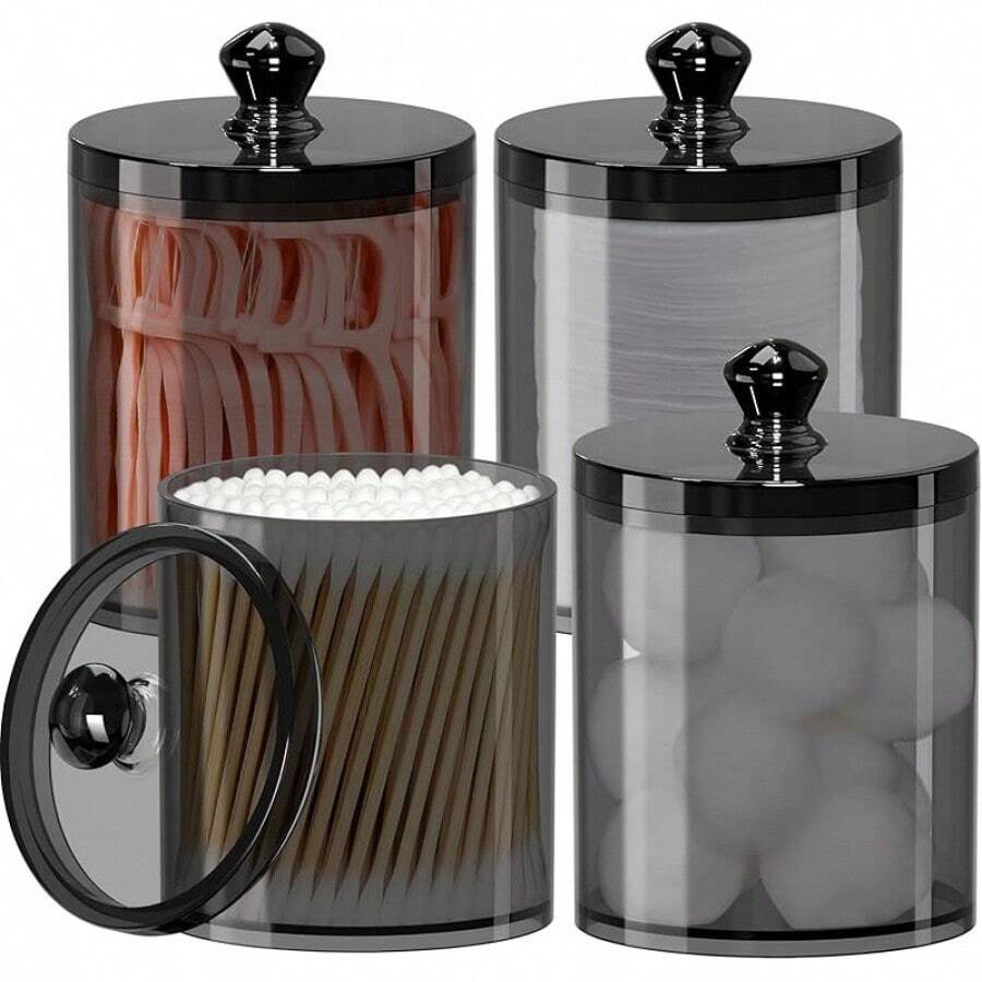 4 Pack Qtip Holder For Bathroom Organizers And Storage, Apothecary Jars With Lids For Home Decor Accessories, Q Tip Dispenser Vanity Makeup Canister For Cotton Swab,, Floss,Hair Clips - Black - View 1