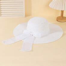 1 pièce Chapeau de soleil de plage élégant à nœud papillon blanc et ondulé pour femme, protection contre le soleil pour les vacances