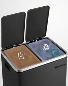 Poubelle Cuisine, 2 x 15L, Poubelle Tri, avec Pédale, 2 Compartiments, 15 Sacs Poubelles, Seaux Intérieurs, Couvercles en Douceur, en Acier, Noir d'Encre