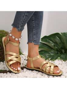 大码女式露趾交叉绑带舒适简约闪亮松紧带平底皮革拖鞋金色凉鞋，夏季休闲时尚户外沙滩鞋 - 金色 - 查看 3