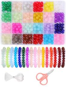 1 Box 8mm Random Color Crackle Crystal Glass Beads For Jewelry Making - Includes Glass Beads, Crystal Cord, Scissors, Spacers
