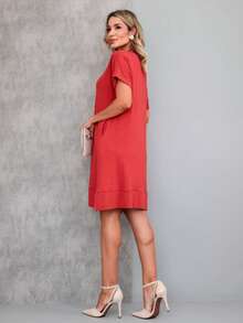 Women's Loose Dress With Functional Pockets Short Sleeve Casual Minimalist Comfortable Basic - 紅陶 - 查看 3
