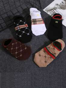 5 Pairs Women's Letter & Stripe Pattern French Luxury Vintage Style Versatile Invisible Liner Socks